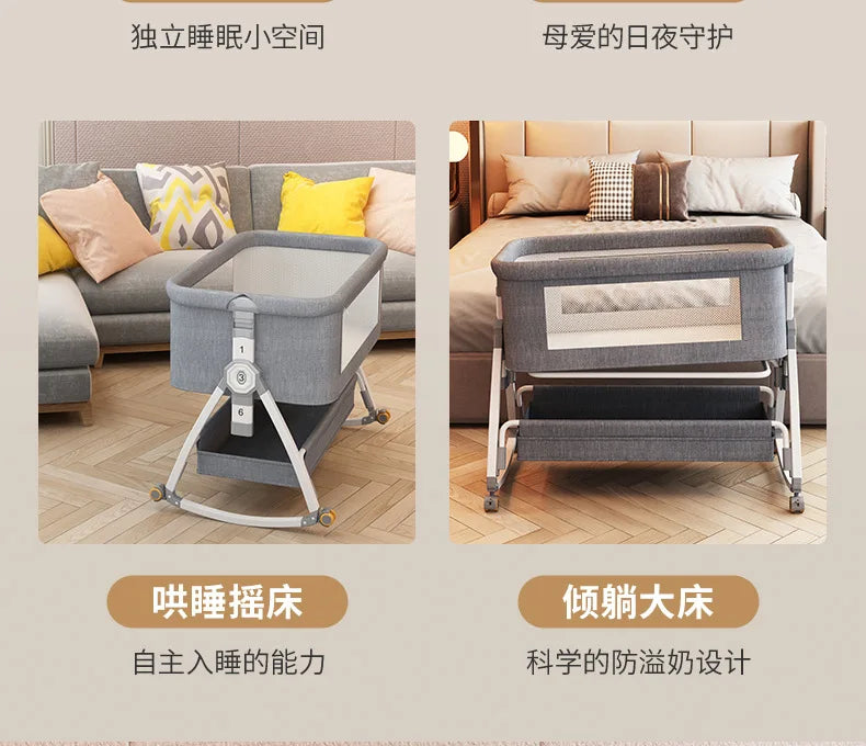 Crib Movable Multi-Function Folding Height Adjustment Splicing Queen Bed Baby Bassinet Newborn Baby Bed Anti-Overflow