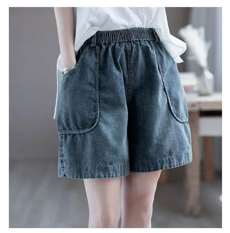 Summer Thin High-waisted Retro Denim Shorts for Women Loose Mid-pants New Wide-leg Large Pocket Five-point Pants - AIAZ
