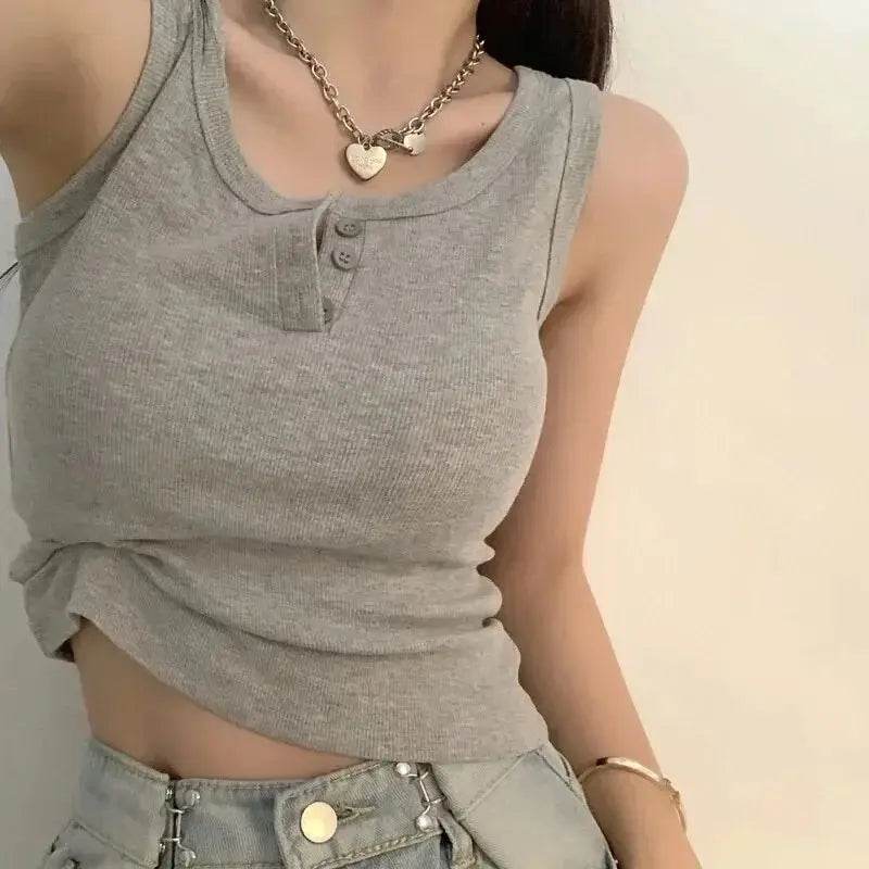 Tank Top for Women Ribbed Button Down Sleeveless Blouse Solid Color Casual Women's Teens Trendy Basic Summer Dresses - AIAZ