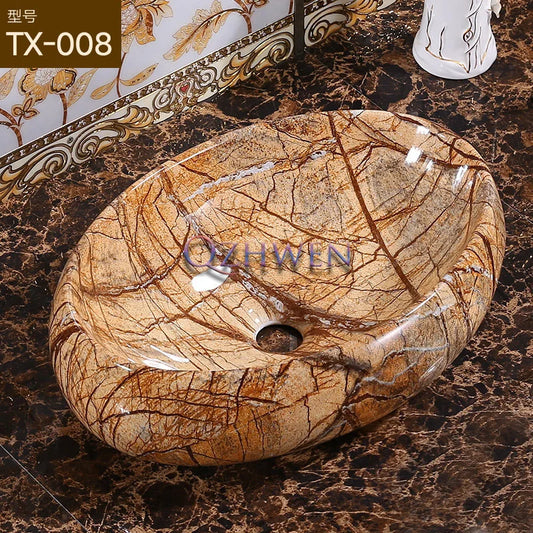 Marble Pattern Oval Bathroom Sink Home Stylish and Simple Ceramic Washbasin Hotel Balcony Countertop Art Basin for Washroom