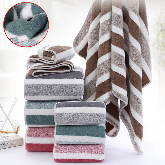 2PCS Thickened Absorbent Bath Towel Striped Pattern Towel Set Soft Face Towel for Home Bathroom Spa Quick Drying Microfiber