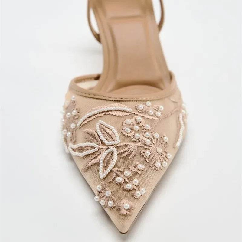 Mesh Embroidery Heeled Sandals Women Sexy Pointed Toe String Bead Slingback High Heels Summer Elegant Party Dress Designer Shoes - AIAZ