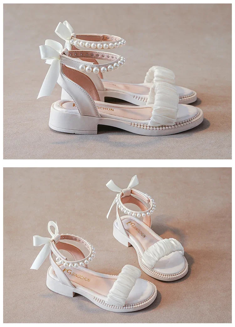 Children's Sandals Summer Elegant Girl Princess Dress Bowtie Sandals Fashion Beading Ankle Strap Kids Causal Sweet Roman Sandals