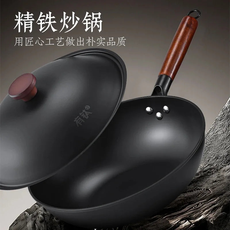 Japanese Iron Pan Wok Frying Pans, Flat Bottom Cast Iron Pans Are Convenient for Induction Cookers and Gas Stoves