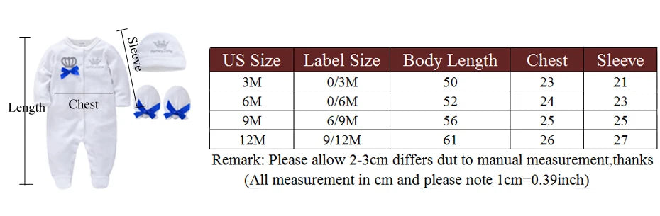 Newborn Baby Boys Romper Royal Crown Prince 100% Cotton Clothing Set with Cap Gloves Infant Girl One-Pieces Footies Sleepsuits
