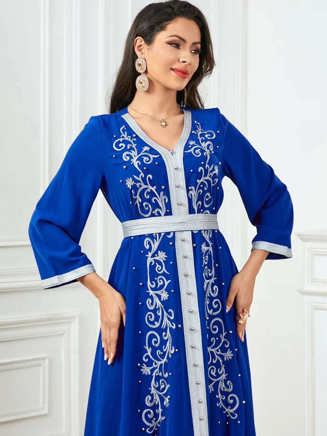 Muslim Fashion Beading Ebroidered Print V-neck long-sleeved Dress Moroccan Islamic Dress With Belt Elegant Party Dress - AIAZ