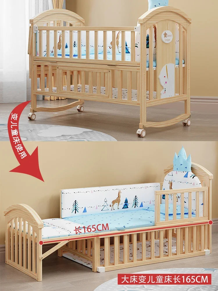 Baby Crib Multifunctional BB Baby Crib Solid Wood Unpainted Cradle Bed Movable Newborn Children Splicing Large Bed