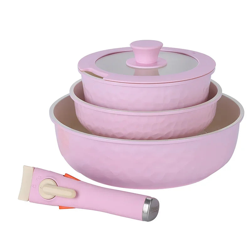 DONNOR 5Pcs Ceramic Coating Cookware Set Detachable Handle Frying Pan Milk Pot Chef Pot Induction Cooker Gas stove Universal