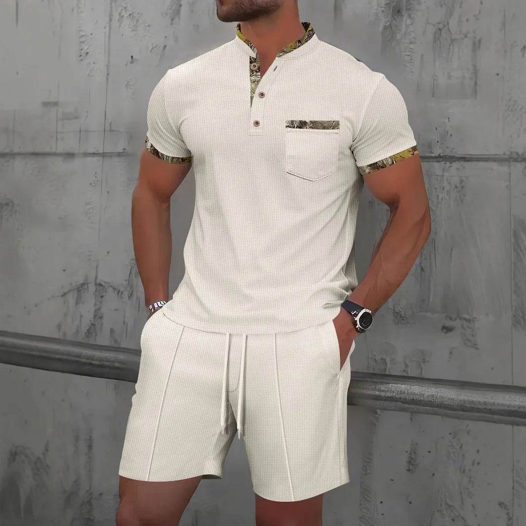 2025 Men Europe and the United States new summer Waffle solid color zip-up lapel short-sleeve suit shorts two sets - AIAZ