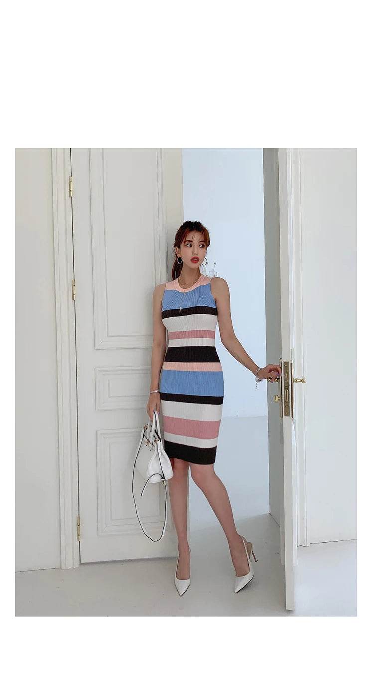 H Han Queen Elegant Occupation Sleeveless Knitted Dress Women Autumn Stretch Striped Bodycon Dresses Wear To Work Pencil Vestido - AIAZ