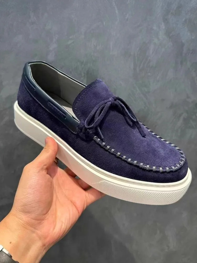 Fashion Mens Lace Up Slip On Loafers Thick Platform Real Suede Leather Business Casual Shoes Round Toe Comfortable Driving Shoes