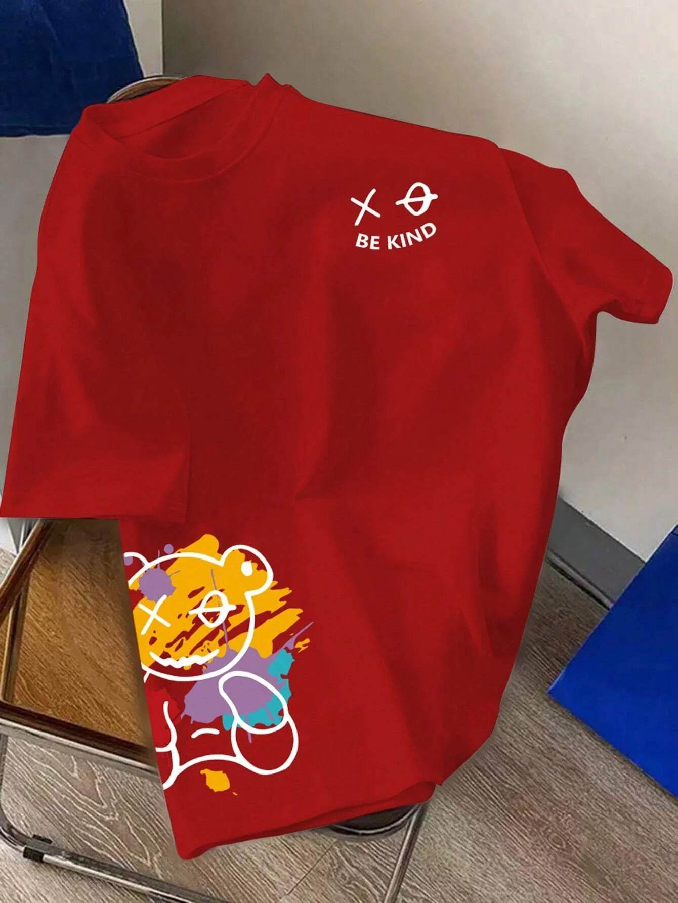 Men's 100% pure cotton summer loose size BE KIND letter cartoon print casual comfortable round neck short sleeved T-shirt top - AIAZ