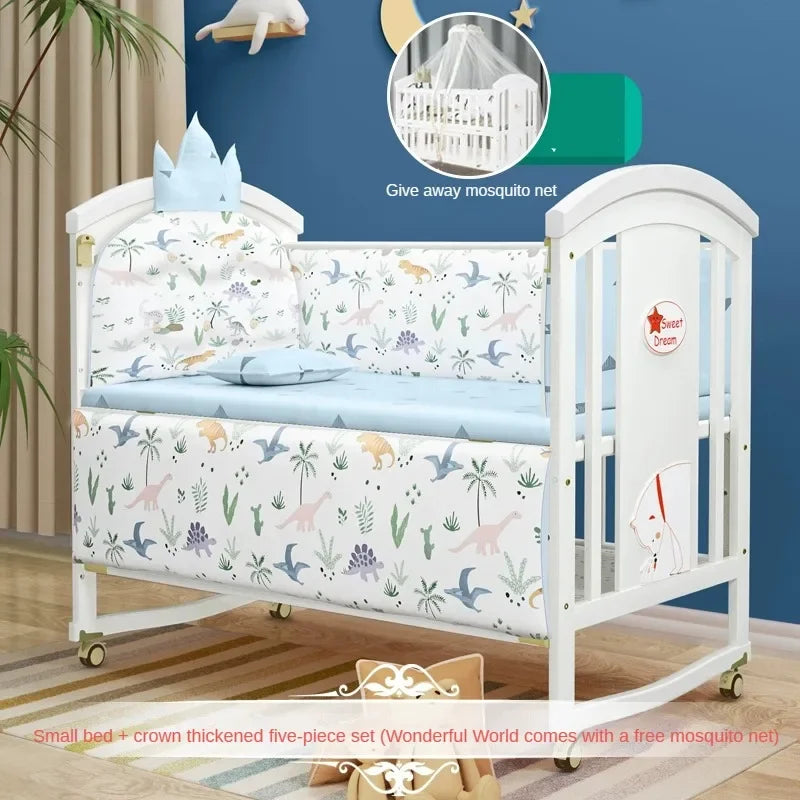 Solid wood spliced crib Multifunctional European style children's bed Movable newborn cradle large bed Baby Rest Chair