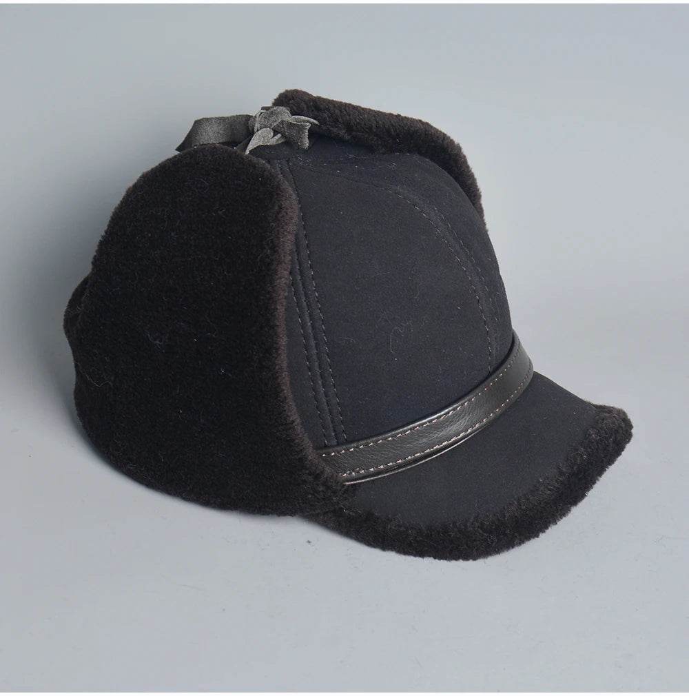 High Quality 2025 Winter Leather Hat Men Fur Lamb Wool Warm Thick Earflaps Bomber Hats Men's Baseball Cap Russian Hat - AIAZ