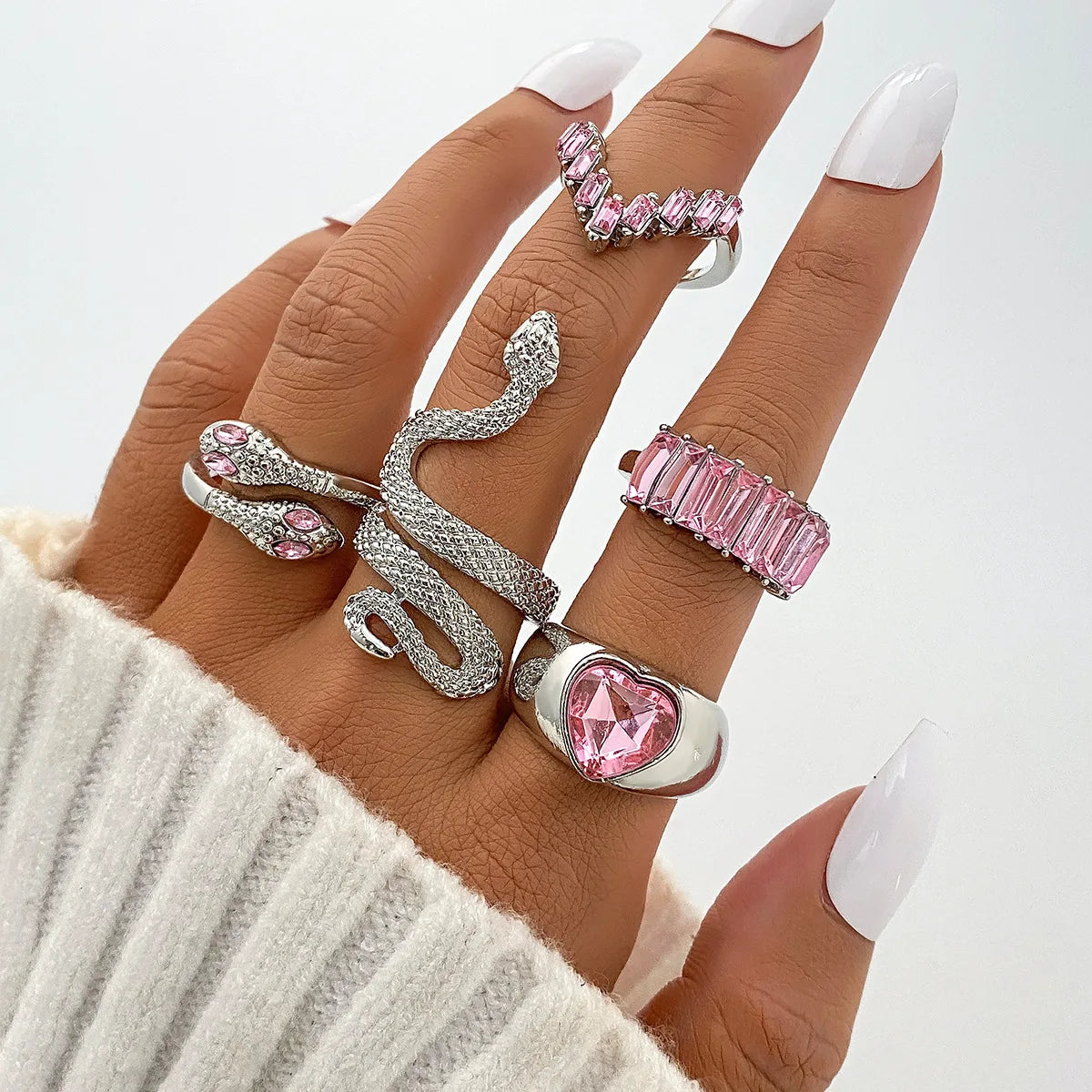 2024 New Tide Individuality Retro Geometric Hollowing Inlay Gem Rings SetLiquid State Metal Four-Piece Rings Set Paty Jewelry