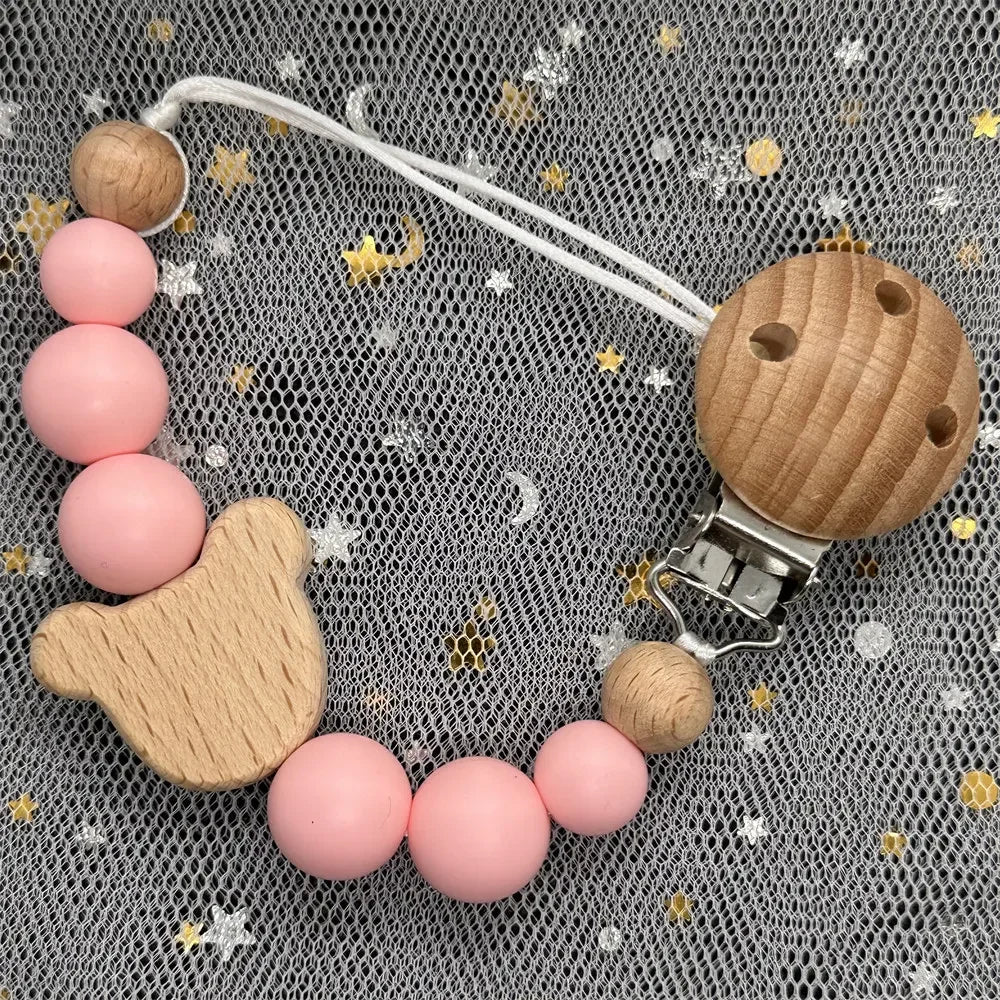 Custom Personalized Name Baby Pacifier Clip Bear Pacifier Chain Holder for Baby Teething Soother Chew Toy Food Grade Dummy Clips