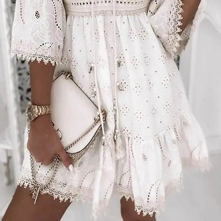 Elegant Women White Hollow Lace Mini Dress Summer V-neck Patchwork Lace Up Three Quarter Sleeve Ladies Vacation Beach Dresses - AIAZ