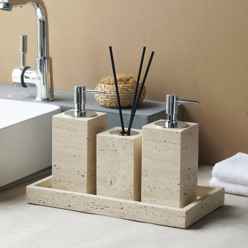 Beige Travertine Bathroom Accessories Set Natural Marble Soap Dispenser Soap Dish Reed Diffuser Vanity Tray Bathroom Set