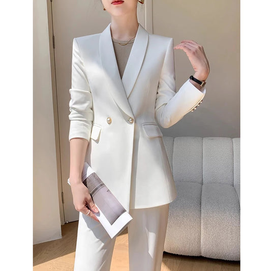 Solid White Suit Women 2025 New Spring Autumn Flares Pants High-Grade Slimming Business Clothing Sets Formal Suits Overalls