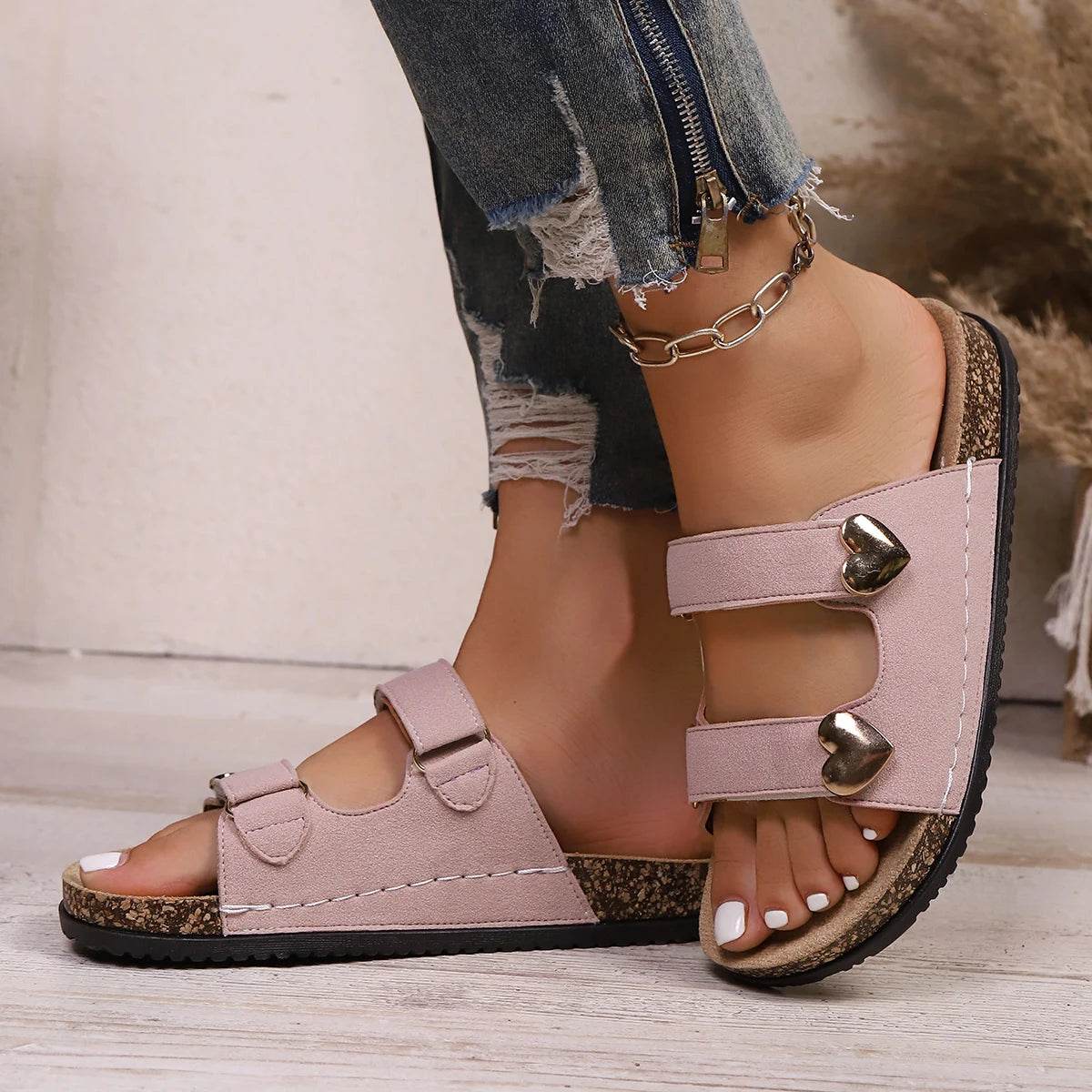 36-42 Size Summer 2025 New Fashion Double Buckle External Wear Versatile Simple Birkenstocks Metal Love Buckle Women's Slippers - AIAZ