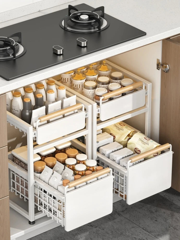 Under Sink Storage Rack Pull out Cabinet Organizer Kitchen Sliding Drawer Storage Basket Handle Bowl Plate Rack Holder Shelves