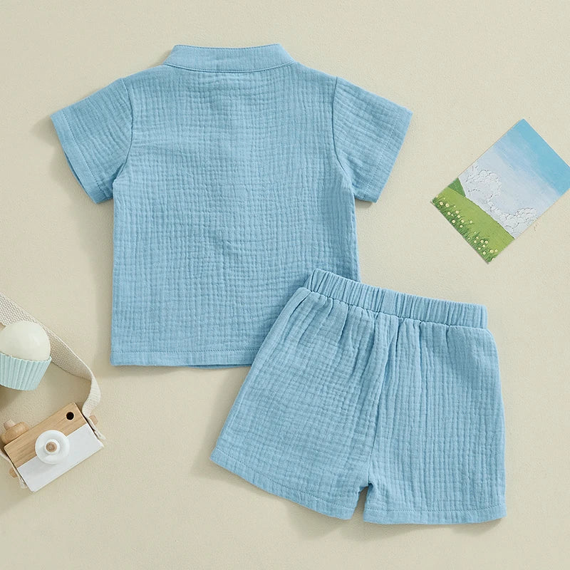 Suefunskry Toddler Boys Summer 2Pcs Casual Outfits Solid Color Short Sleeve Button Tops and Elastic Waist Shorts Sets 6M-4Y