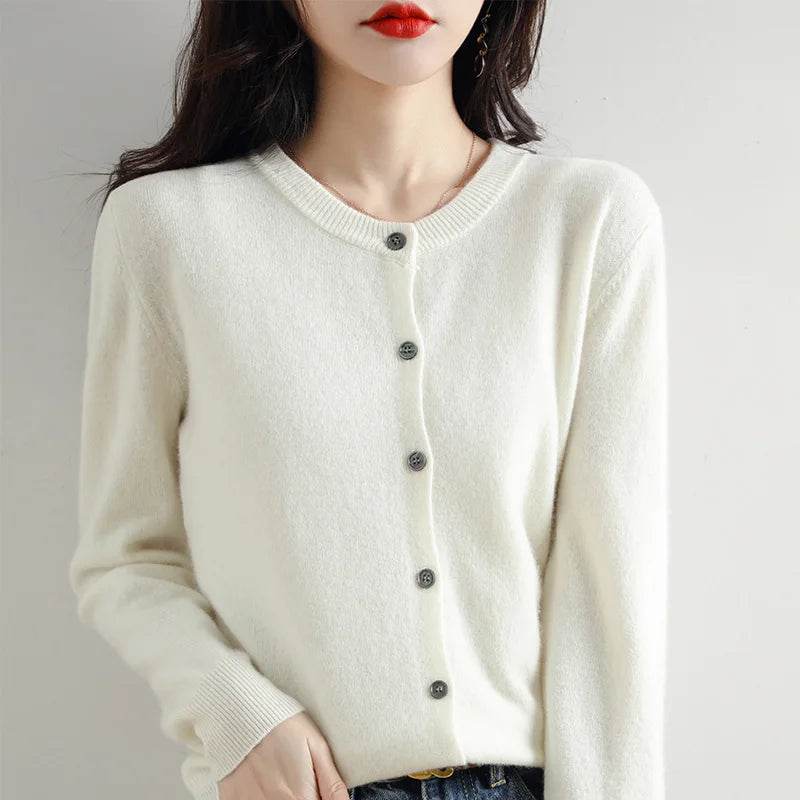 Knitted Cardigan Women's Sweater Autumn And Winter 2022 New Solid Color Coat Round Neck Short Long Sleeve Loose Korean Fashion - AIAZ