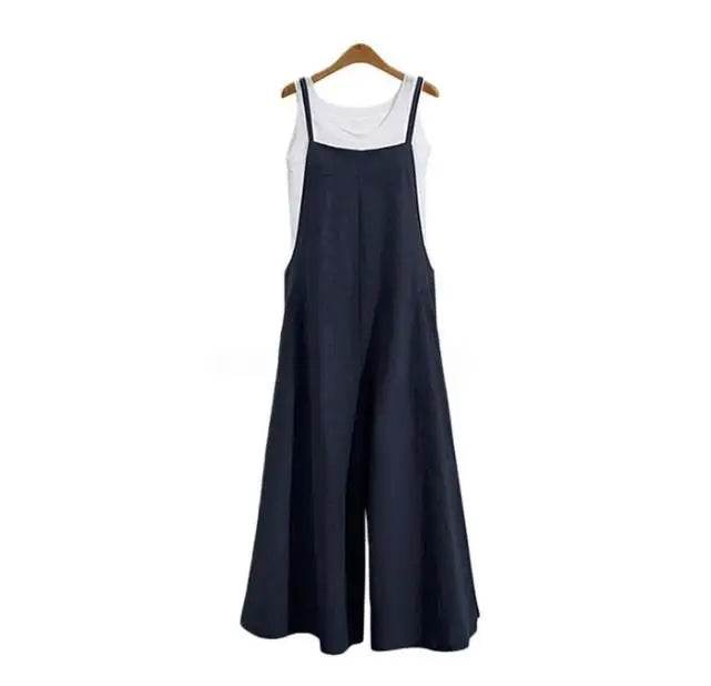 Women Straps Jumpsuit Summer Solid Color Wide Leg Pants Dungaree Bib Overalls Casual Loose Sleeveless Cotton Linen Jumpsuits 5Xl - AIAZ