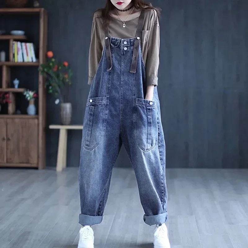 Jumpsuit Women Jeans Rompers New Retro Big Pocket Loose Denim Overalls Fashion Casual Wide-leg Pants Jumpsuits Cloth - AIAZ