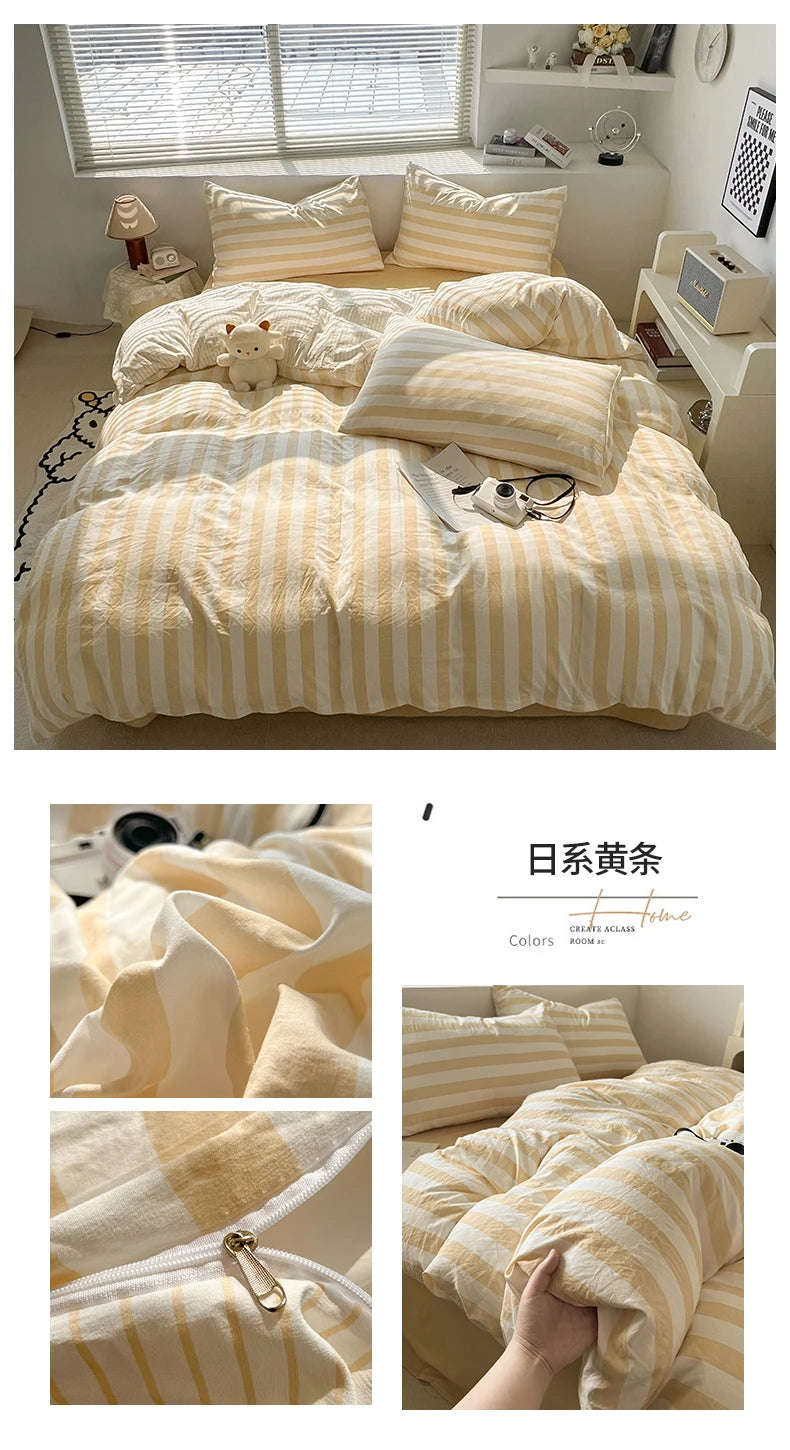 Washed Cotton Double Yarn Crepe Striped Quilt Set 3-4 Pillowcase with Sheet Bedding Cover Supplies 200x230 220x240 Skin Friendly