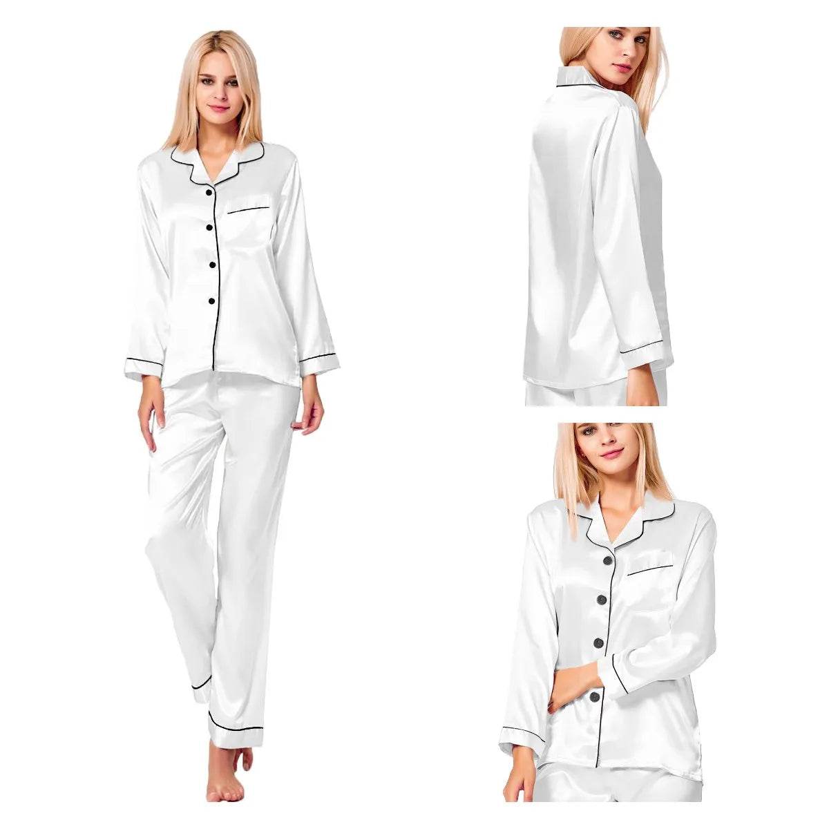 Womens Silk Satin Pajamas Loungewear Two-piece Sleepwear Button-Down Full Sleeve Long Pj Set - AIAZ