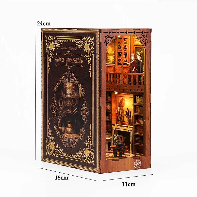 DIY Book Nook Shelf Insert Kit 3D Wooden Puzzle Doll House Assembly Building Model Bookends With Furniture LED Light Xmas Gifts - AIAZ