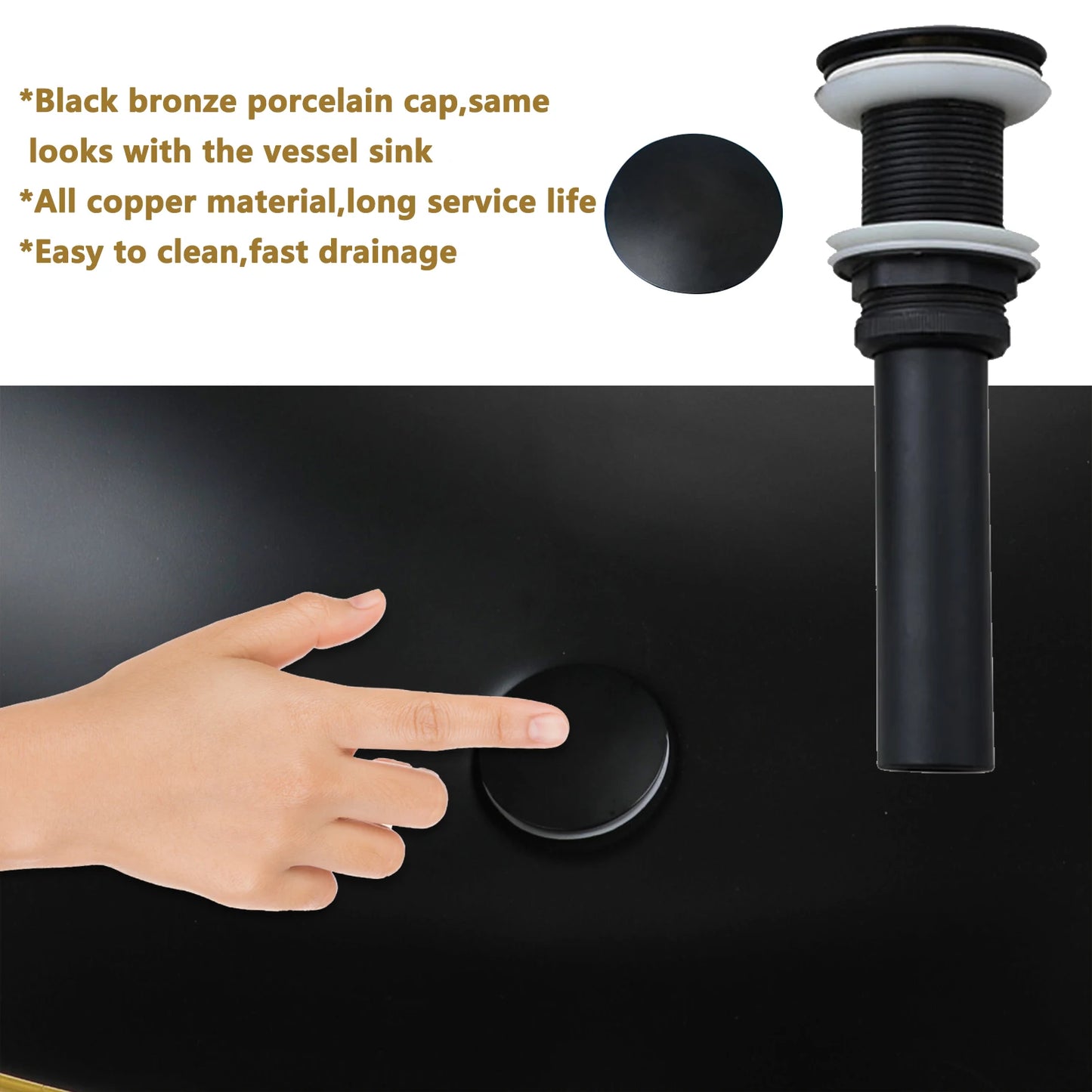JIENI European Style Bathroom Sink Set Ceramic Washbasin Black Waterfall Faucet Pop Up Drain Combo Oval Counter Top Sinks