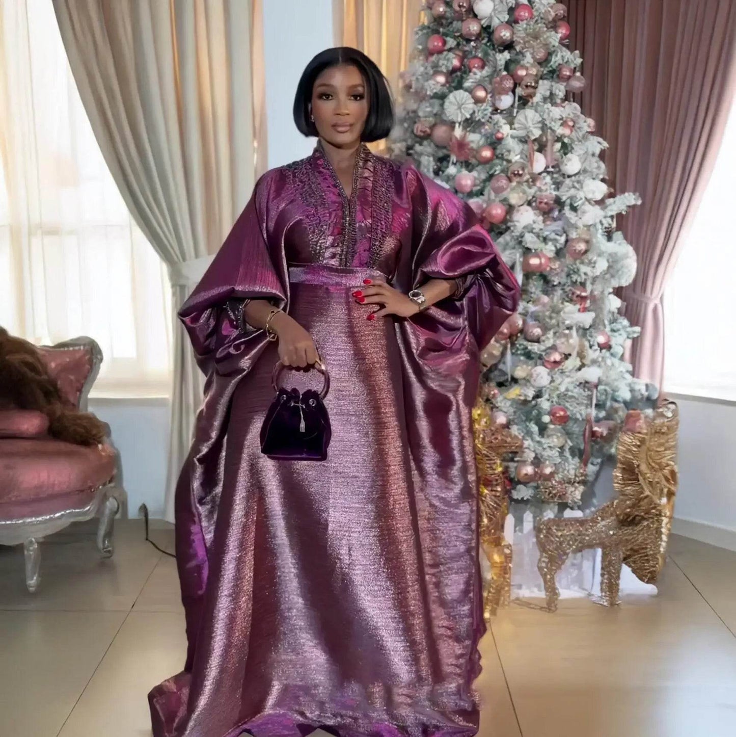 fashion turkey dresses for woman luxury elegant 2025 V-neck rhinestones dresses for church boubou african dresses - AIAZ