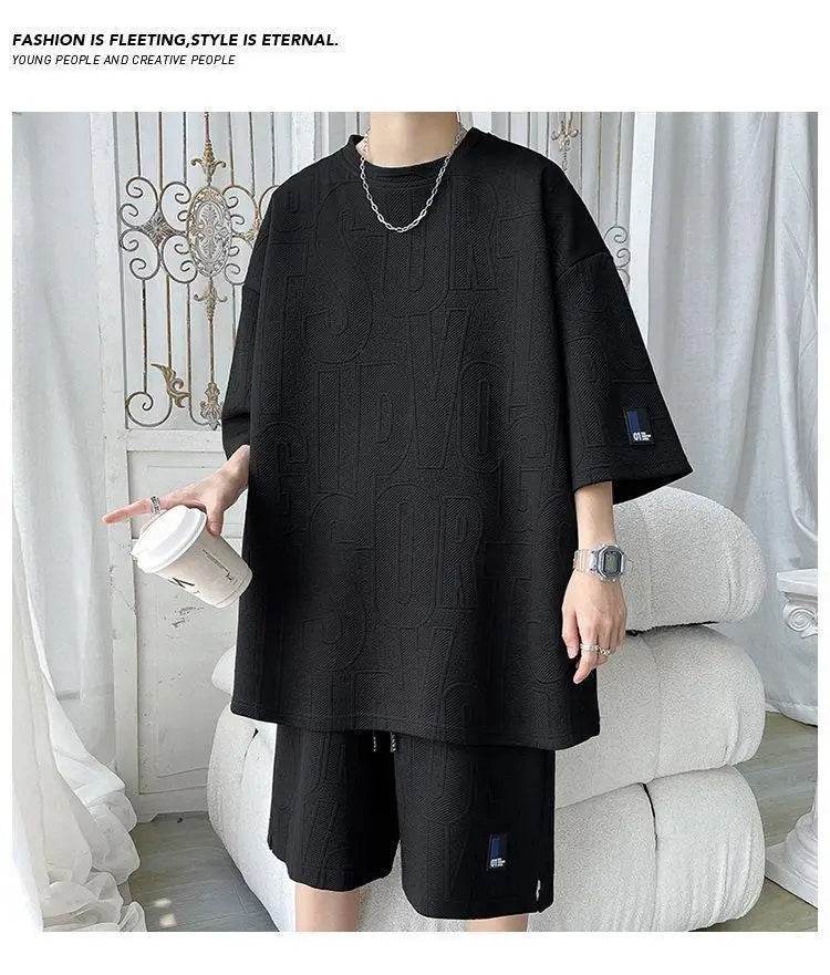 2025 3D Men's new Waffle TZ30 Summer Suit Casual T-shirt + Shorts Suit Men's Tracksuit Solid color tracksuit loose suit - AIAZ