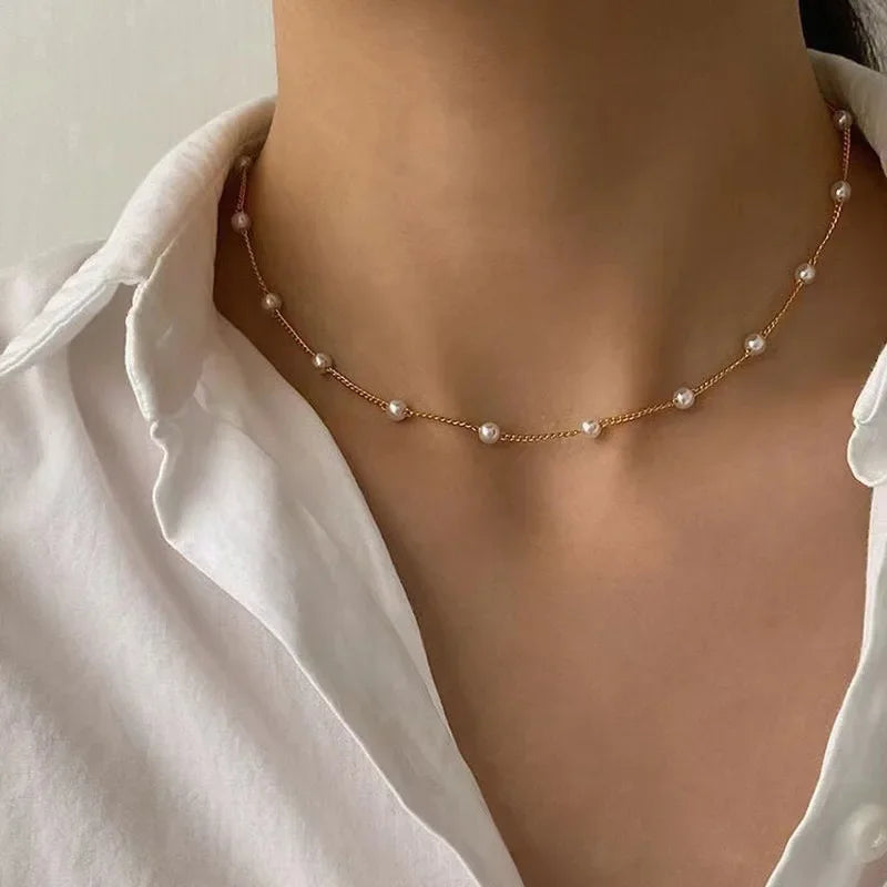 2Pcs/Set Hot Sale Temperament Imitation Pearl Long Chain Necklace for Women Fashion Statement Goth Sweather Link Neck Jewelry