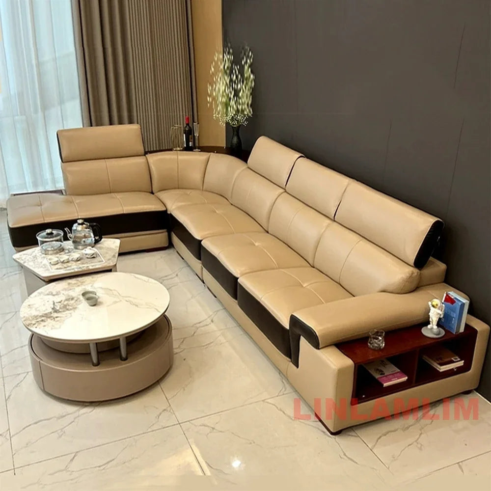 MINGDIBAO Modern Minimalist Genuine Leather Sectional Sofa with Console, Storage and Speaker Italian Leather Living Room Couch