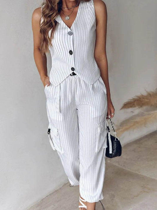White Striped Vest Suit For Women Summer Casual V-neck Button Top Pocket Loose Pants Outfits Two-piece Suit For Women Elegant - AIAZ