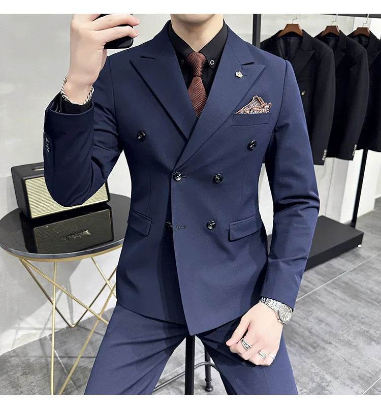 Jackets + Pants / Groom's Wedding Dress Best Fashion Mans Double -breasted Suit Blazer Trousers Male Formal Business Office Suit - AIAZ