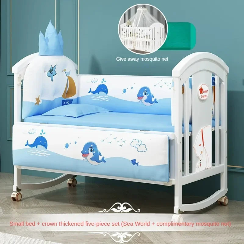 Solid wood spliced crib Multifunctional European style children's bed Movable newborn cradle large bed Baby Rest Chair
