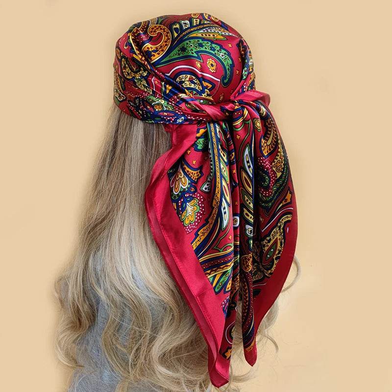 New 90*90cm Retro Brand Women Silk Scarf Bandanna Fashion Bohemian Pattern Square Hijab Lady Wrap Headband foulard muffler - AIAZ