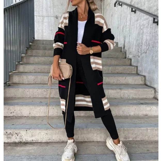 Women Sweater Spring Autumn Cardigan Coats Casual Stripes Knitted Cardigan Clothes Women Oversized Cardigan Long Sweater Coat - AIAZ