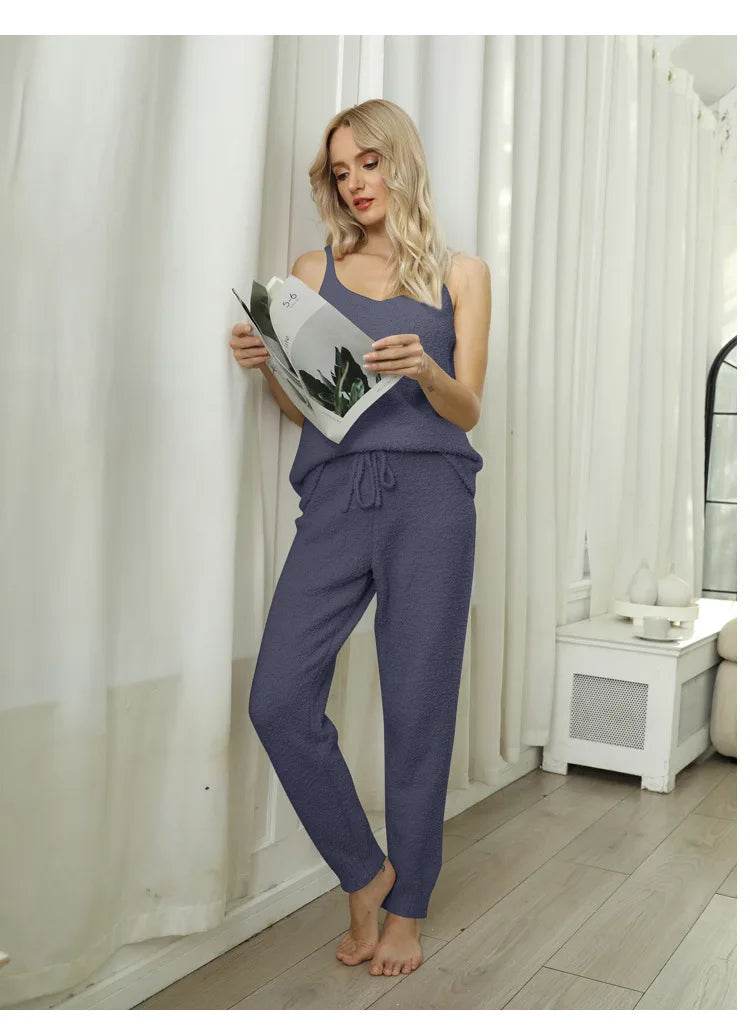 Pajamas for Women Pajama Sets Sexy Knitted Suspender Pajamas Autumn Winter Warm Solid Color Half-edge Velvet Suit Home Clothes - AIAZ