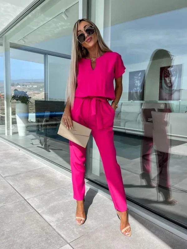 Jumpsuit Women 2023 Solid Color Short Sleeve V-neck Pocket Lace-up Pencil Long Pants Jumpsuits Summer Outfits Bodysuits - AIAZ