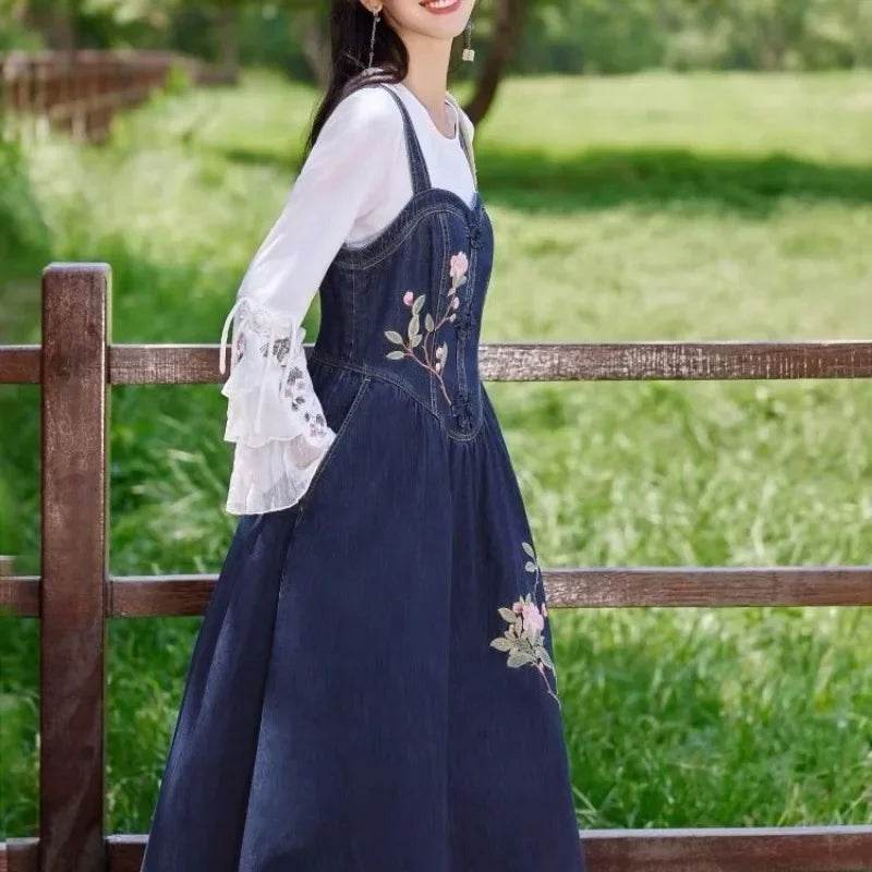Embroidered Denim Dress For Women Spring Summer 2025 New Retro Versatile Waist Closure Long Denim Strap Dress Mujer Vestidos - AIAZ