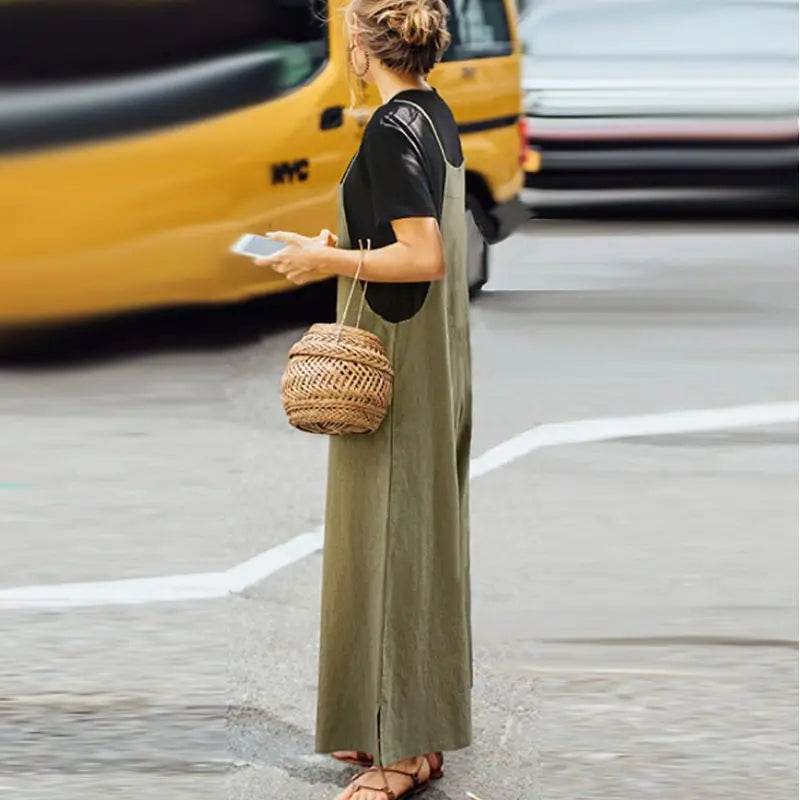 Women's Summer Sleeveless Jumpsuit Solid Color Wide Leg Bib Overalls Casual Loose Cotton Linen Straps Dungaree - AIAZ
