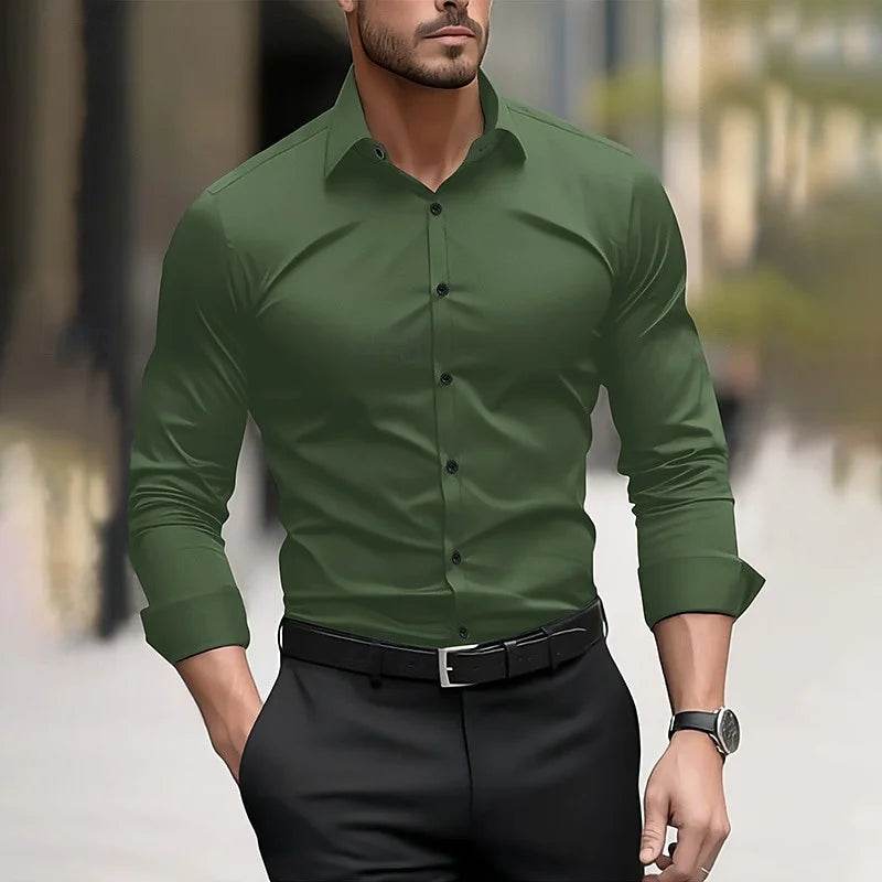 Men's formal shirt solid color wedding outdoor black red navy blue dark green long sleeve lapel summer spring clothing XS-6XL - AIAZ