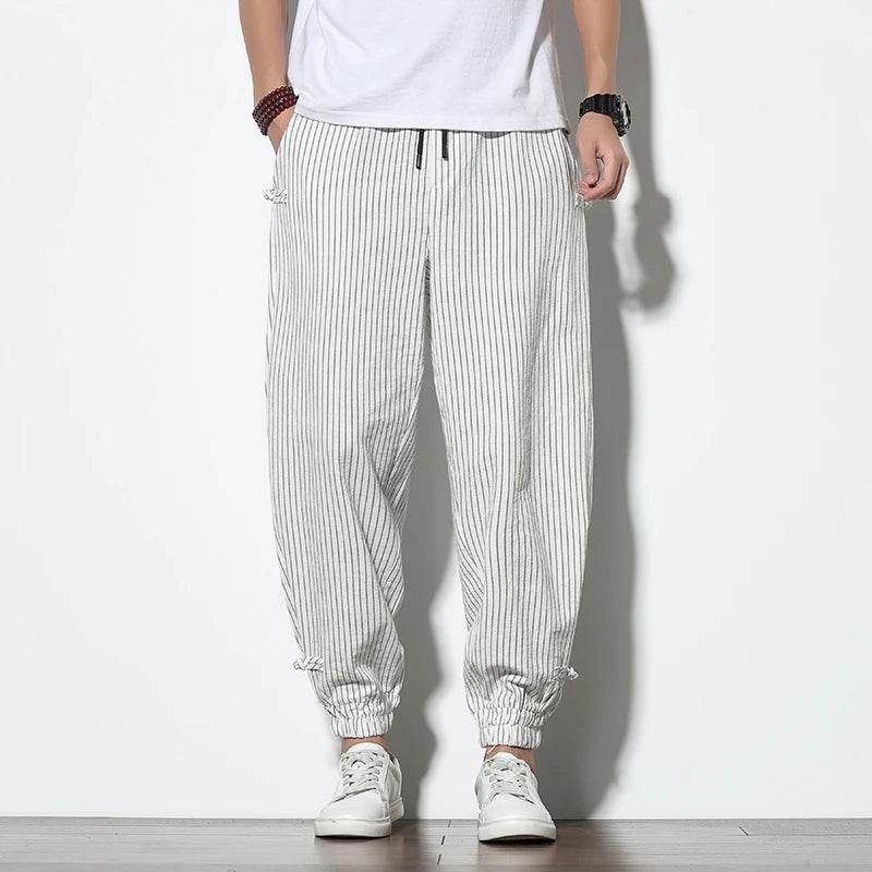 Four Seasons Men Disc Buckle Striped Harem Pants Breathable Cotton Linen Pencil Pants Buckle Casual Bloomers Fashion Trousers - AIAZ
