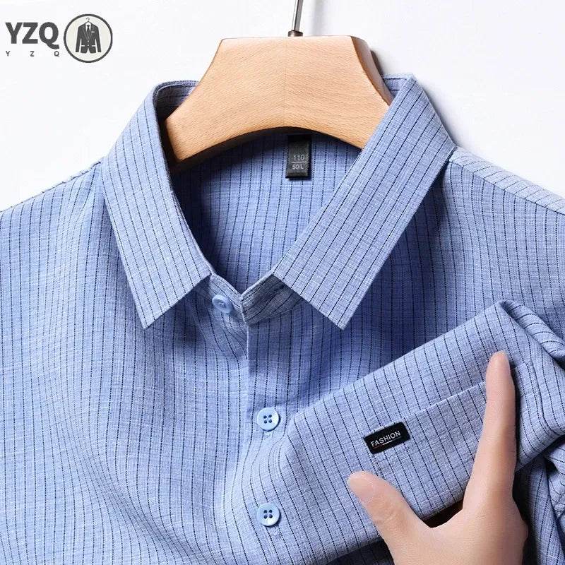 2025 Men's Business Casual Plaid Linen Short Sleeved Shirt Comfortable Top - AIAZ