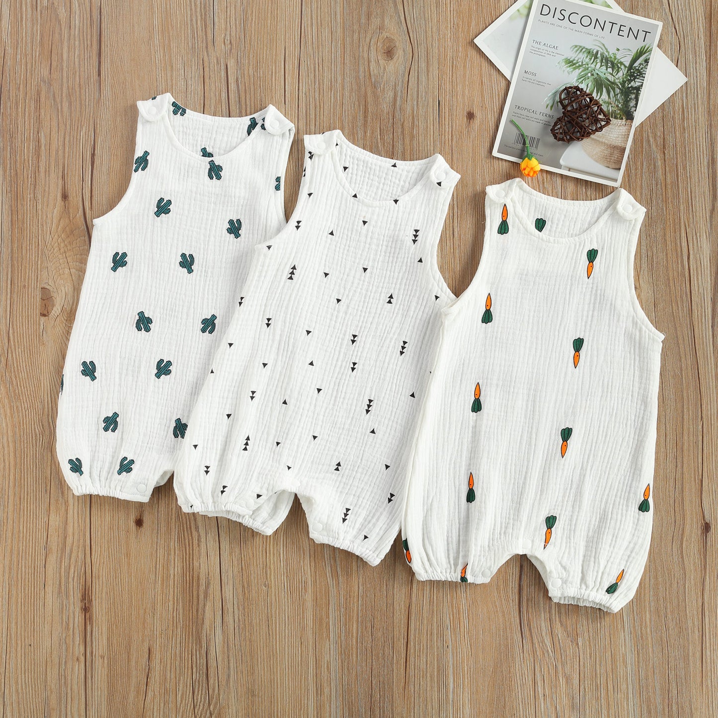 Summer Baby Boys Girls Sleeveless Romper Linen Fabric Cactus Print Playsuits Cotton Muslin Jumpsuits Children Overalls Clothing